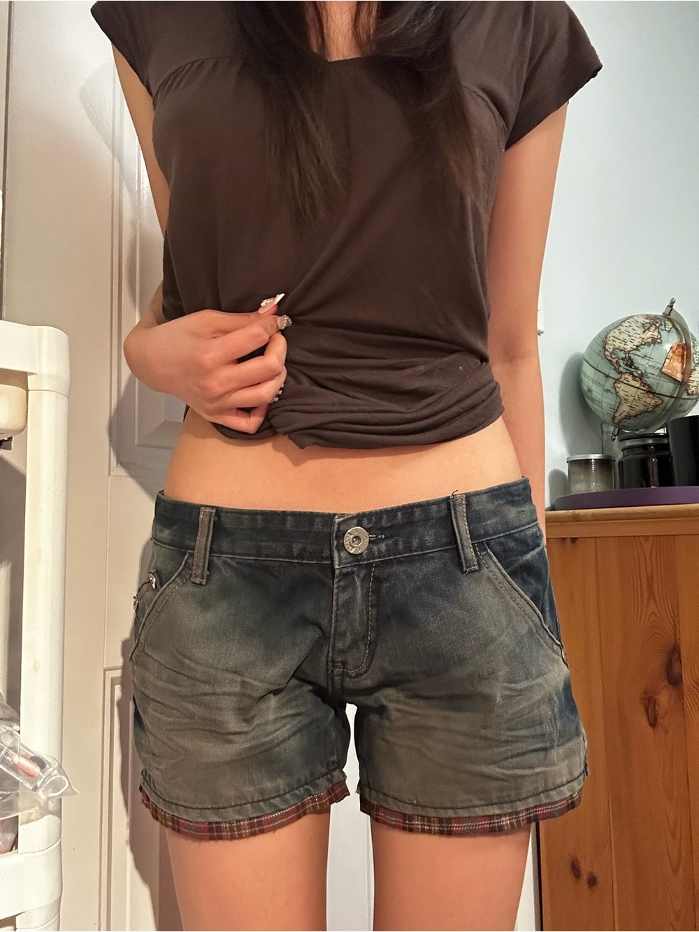 Women’s Washed Dark Green Denim Shorts with Plaid Trim